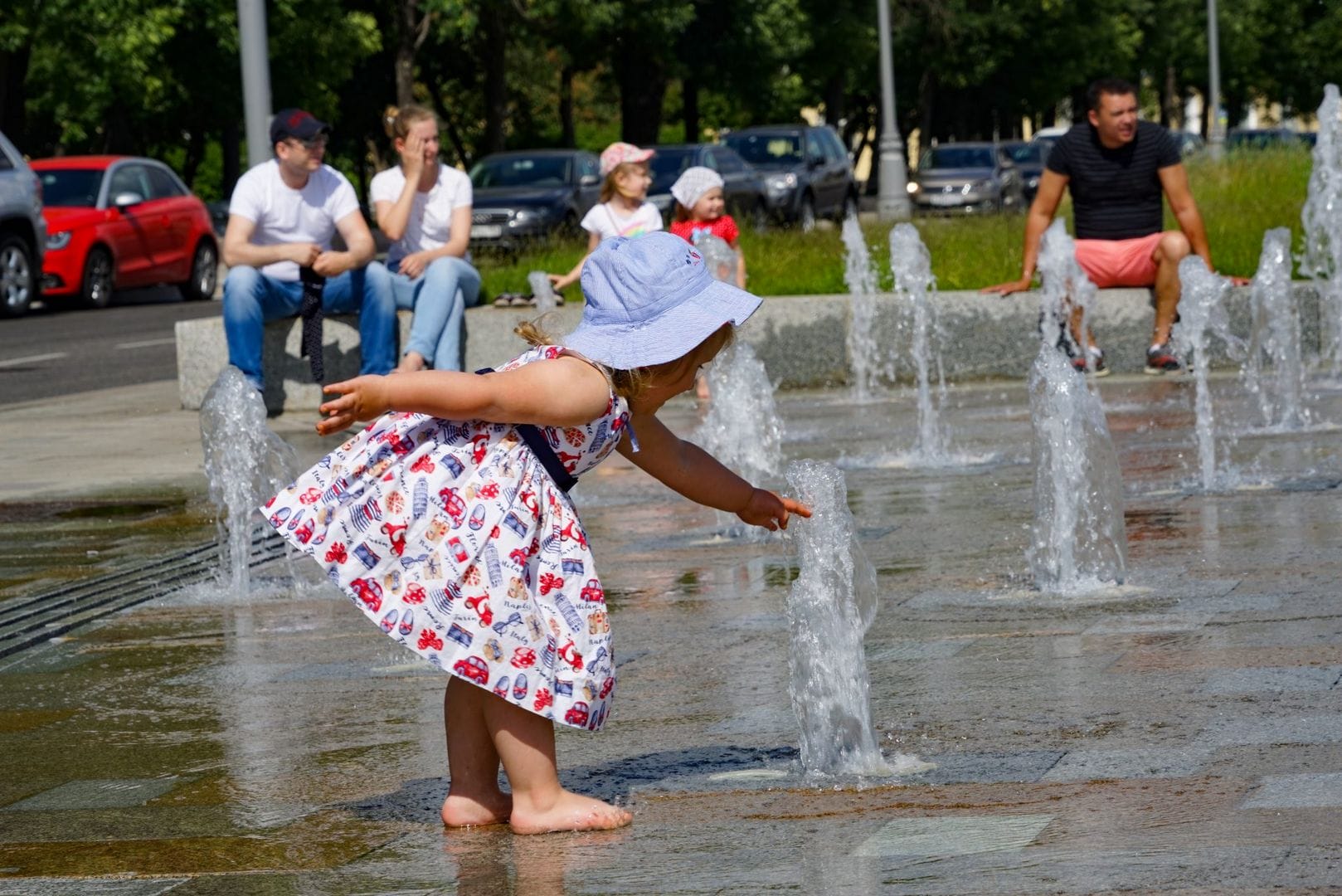 фонтан, ребенок, парк
